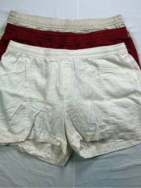 Old Navy High-Waist Linen Shorts Trio in White, Rust/Redish, and Tan/Cream/Khaki